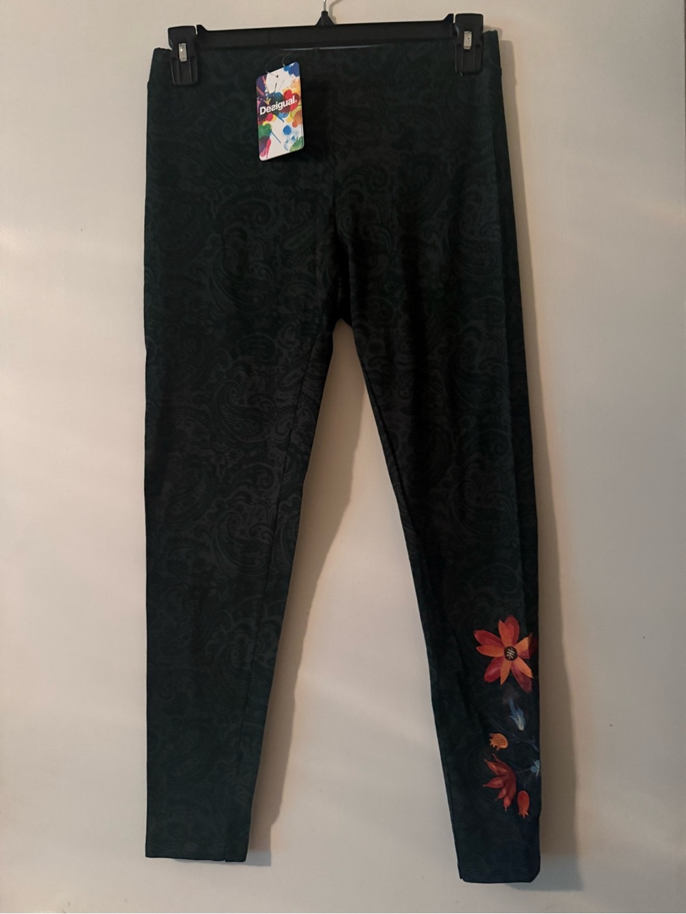 Desigual Dark Green Paisley Leggings with Red-Orange Floral Detail